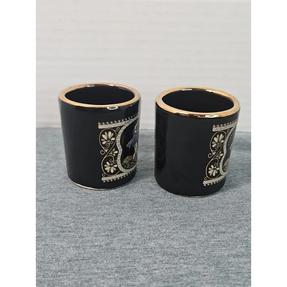 Vintage Greece Shot Glasses Black 24k Gold Set Of 2‎ Handmade